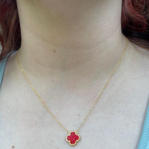 18k Gold Plated sterling silver Clover Red and Blue reversible necklace 16-18" - Picture 3 of 9